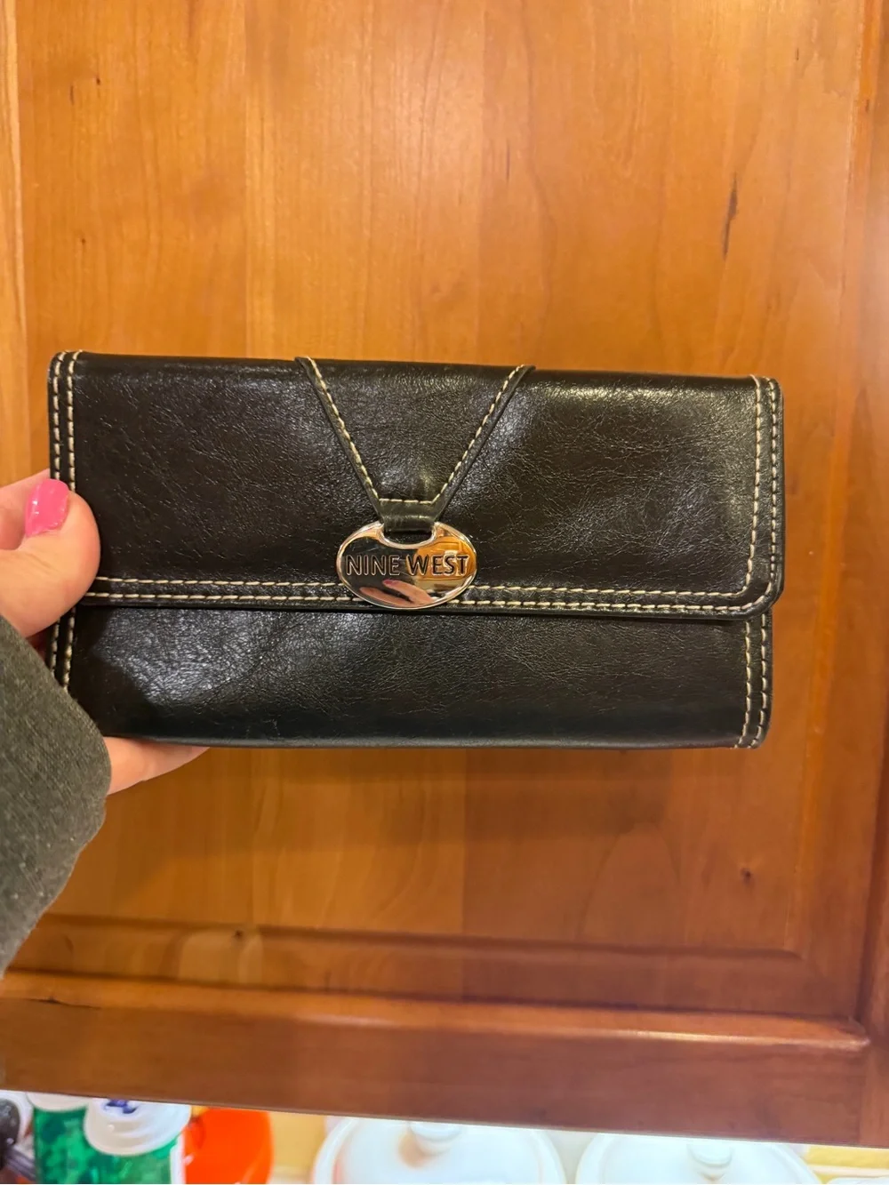 Nine West Black Leather Wallet with Contrast Stitching Women’s Long Billfold